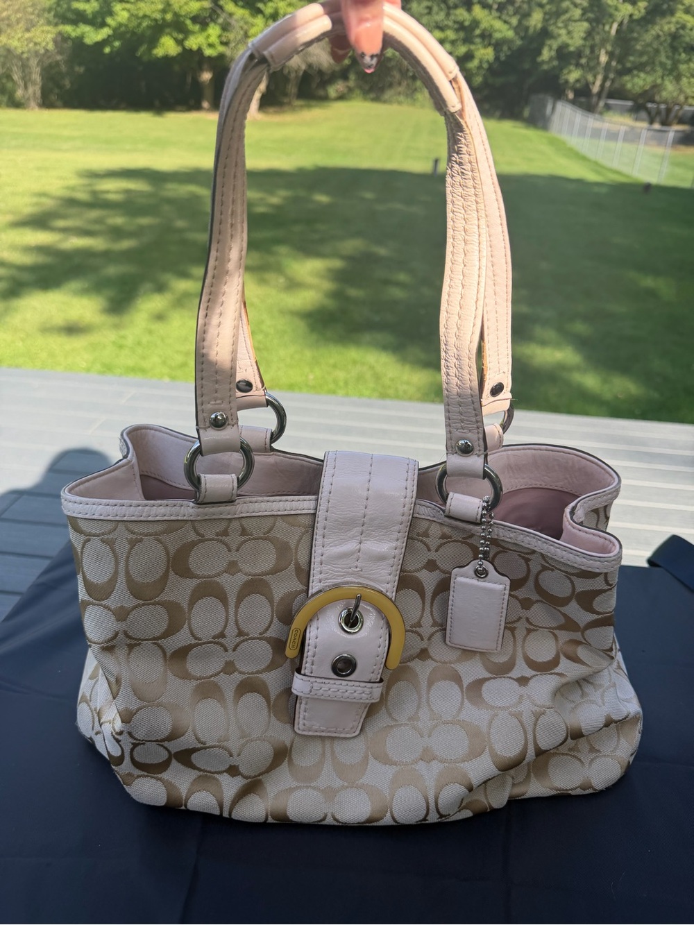 Coach Beige Signature Canvas Shoulder Bag with Pale Pink Trim